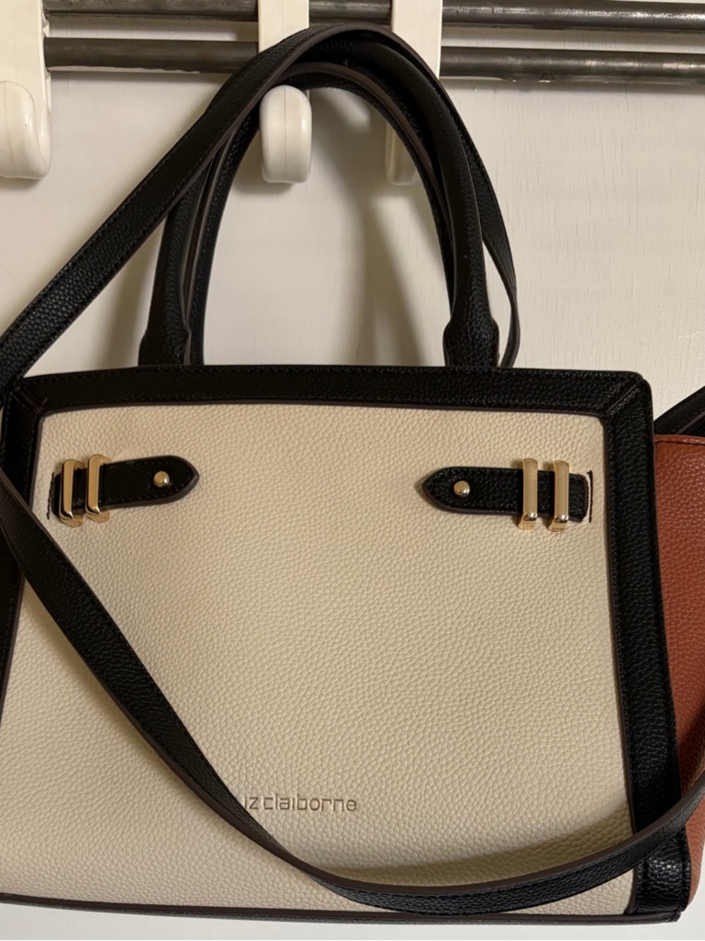 Liz Claiborne Black & Cream Pebbled Satchel with Gold Hardware